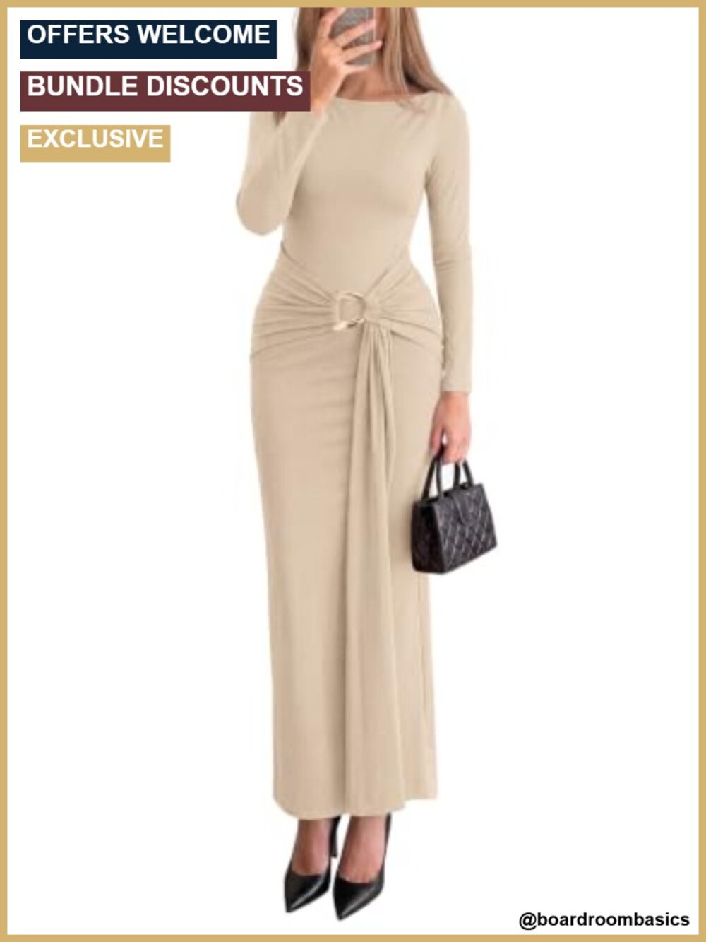 Long Sleeve Maxi Dress Bodycon Buckle Waist Ruching Back Slit Semi-Formal